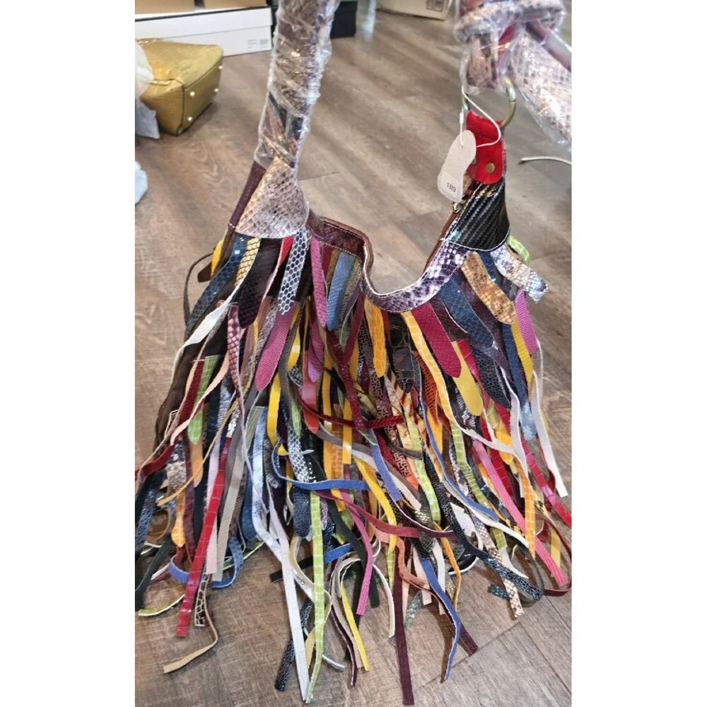 Multicolor Fringe Shoulder Bag Animal Print Zip Gold Hardware Women Leather - Picture 1 of 15